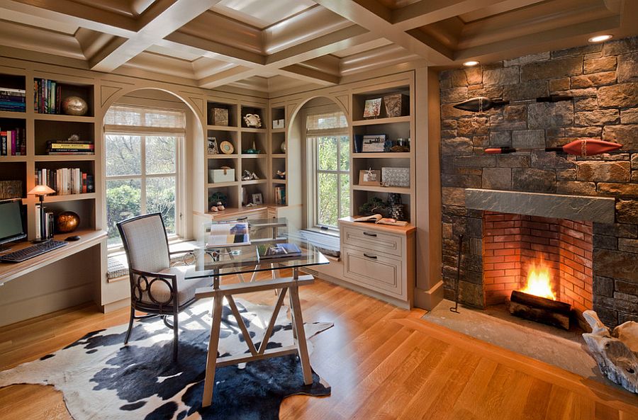 Fireplace-surround-in-Adirondack-stone-turns-it-into-the-focal-point-of-this-lovely-home-office